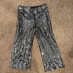 Anthropologie Maeve Silver Sequin Cropped Wide Leg Pants